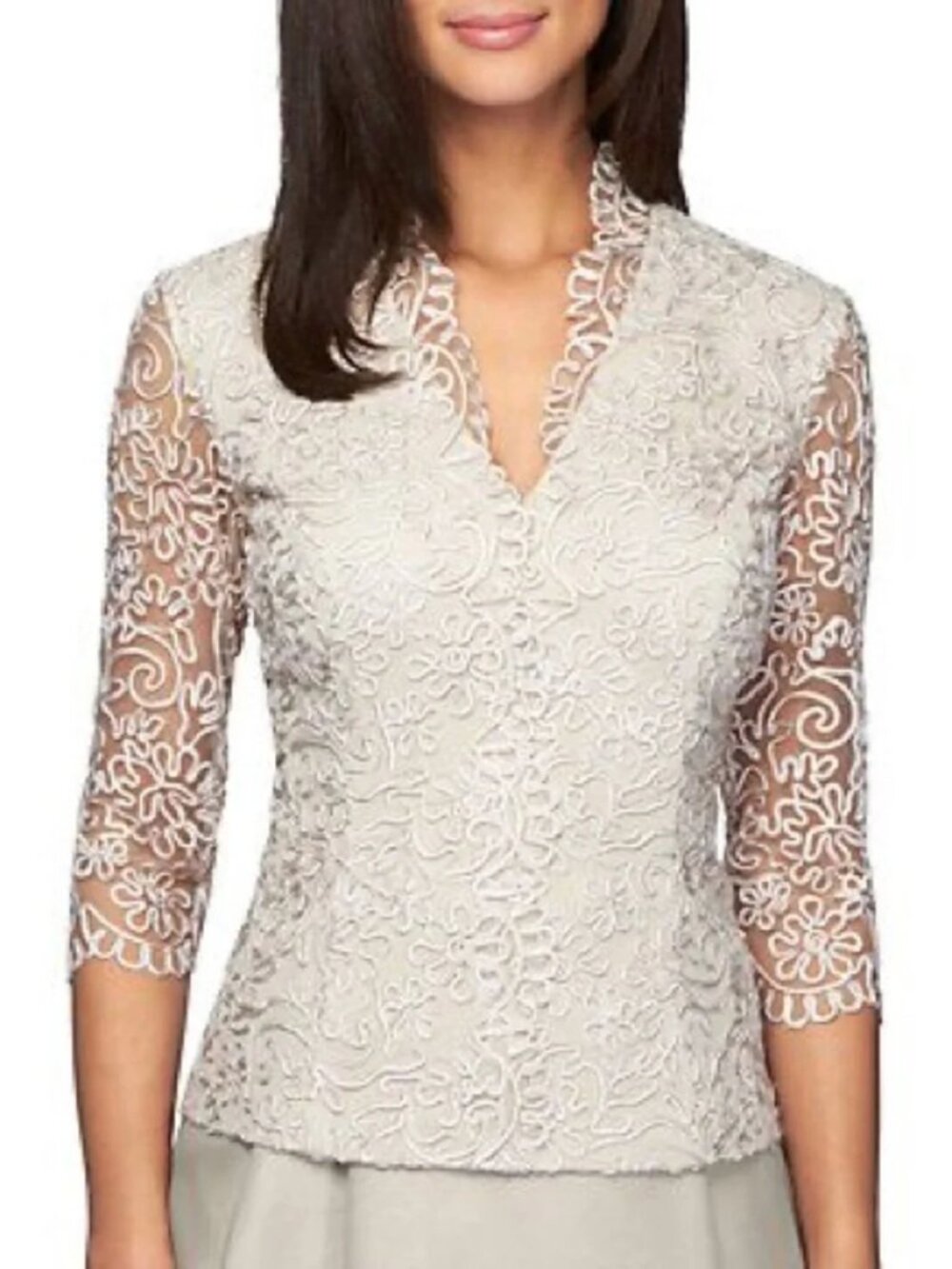 NWT Alex Evenings Illusion Embroidered Mesh Lace Top L Formal Feminine Coquette